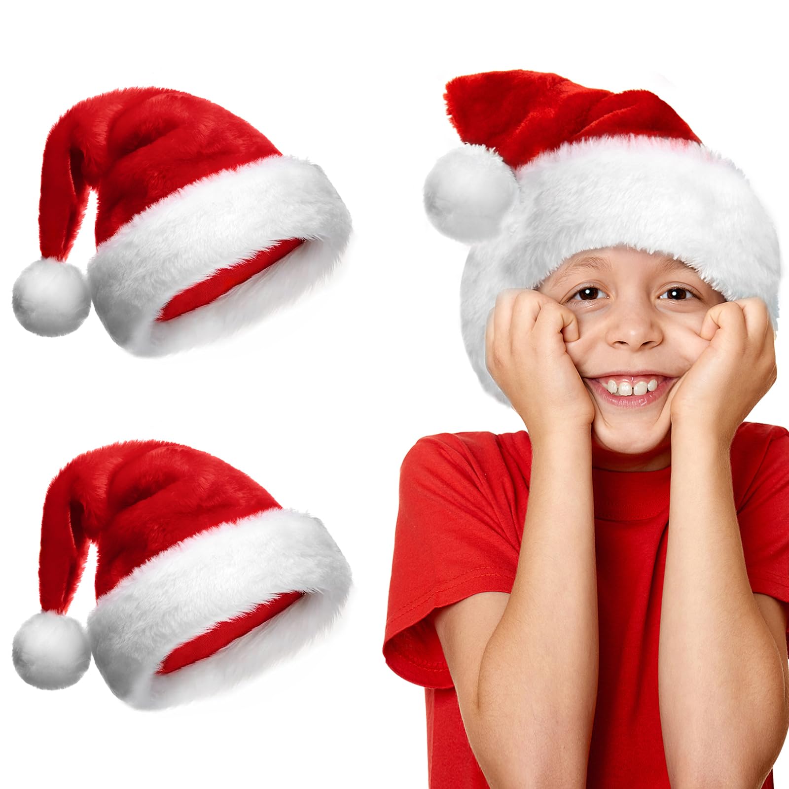 Acxilexy 2Pcs Christmas Hats for Kids, Unisex Santa Hat, Luxury Father Christmas Hats, Soft Velvet Christmas Hats, Comfort Plush Santa Hats, Classic Fur Santa Hat for Christmas Party Supplies