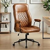 Furniliving Leather Office Chair, Comfy Home Office Desk Chair, Mid Century Modern Office Chair with Lumbar Support, Mid-Back Adjustable Swivel Computer Chair with Wheels and Arms, Brown