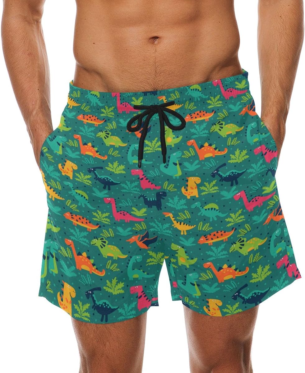 Franzibla Cute Cartoon Dinosaur Pattern Print Men's Swim Trunks Swimming Beach Shorts Watershort