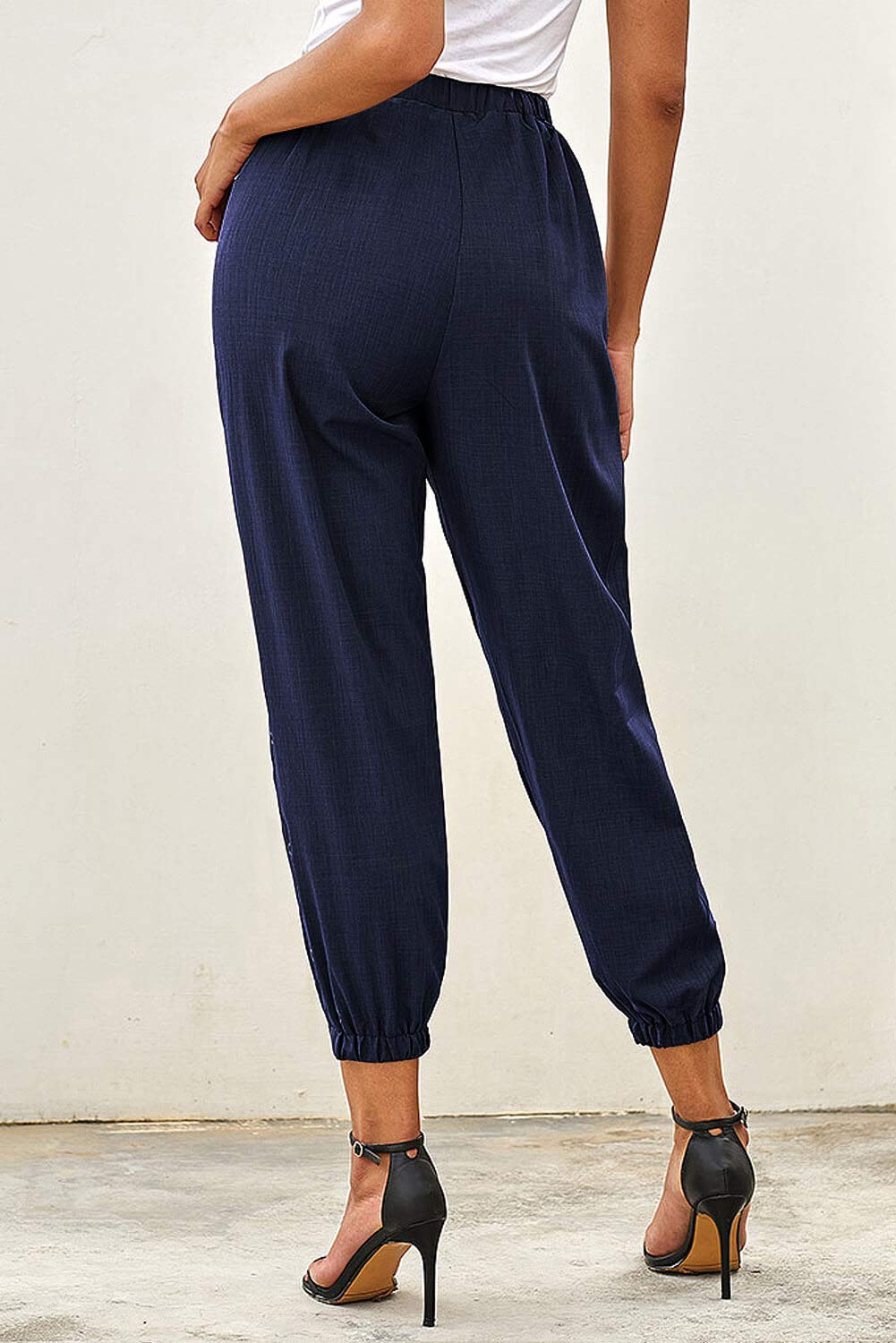 NEWFANGLE Women\'s Linen Casual Pants Drawstring Elastic Waist with Pockets Solid Comfy Loose Fit Trousers,Navy Blue,M