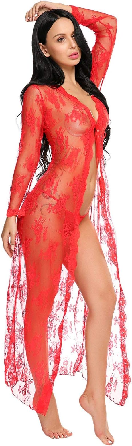 euwanyu Lingerie for Women Sexy Long Lace Dress Sheer Gown See Through Kimono Robe (Big Red)