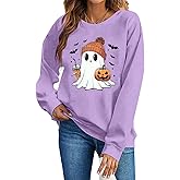 ASTANFY Halloween Sweatshirts for Women Ghost Pumpkin Long Sleeve Shirt Coffee Lover Graphic Tees Fall Spooky Pullover Tops