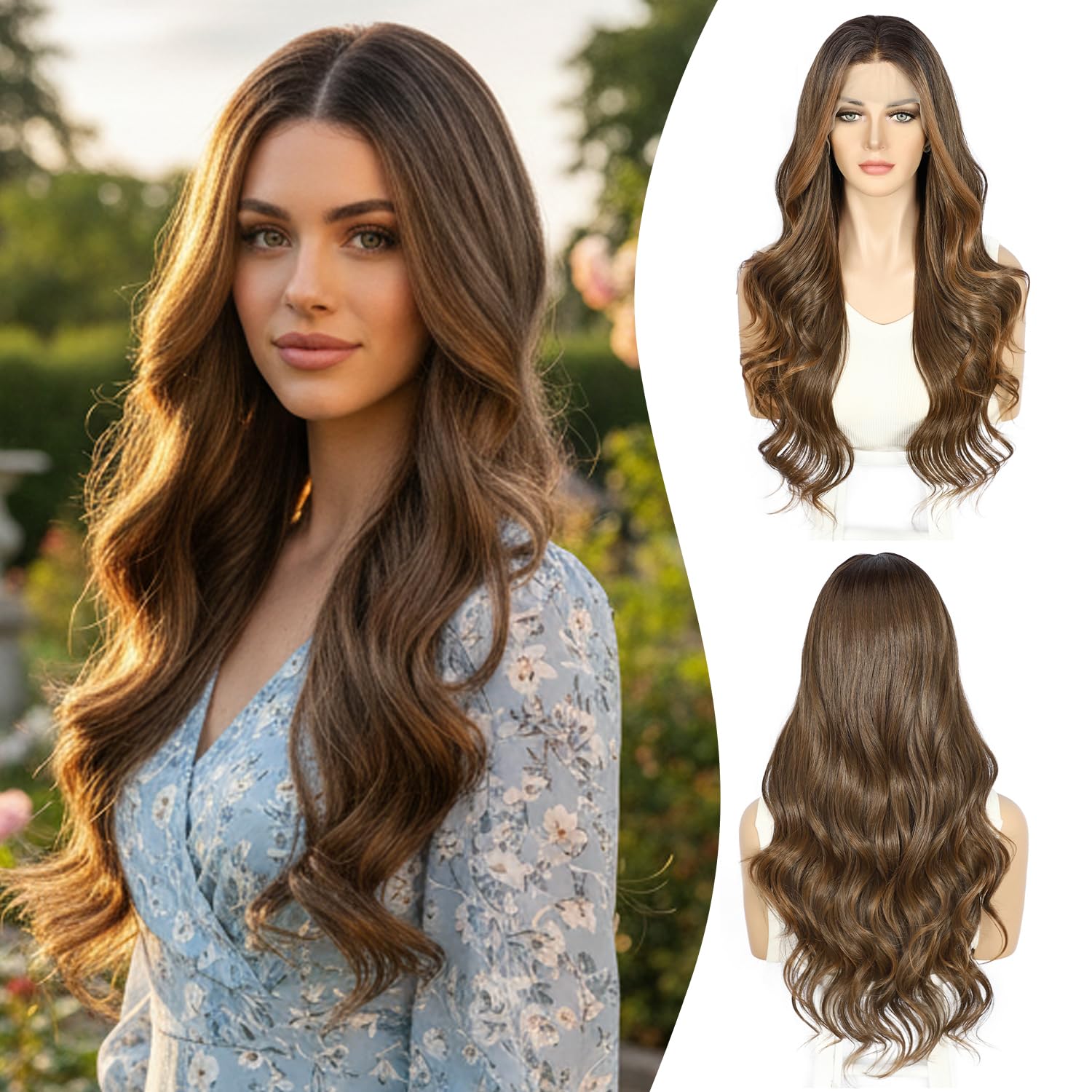 Sapphirewigs Highlight Lace Front Wig Dark Brown 13x4 Synthetic Body Wave Synthetic Lace Front Wigs Ombre Brown Party Date Daily Wear Christmas Natural Looking 26 inch — image 1