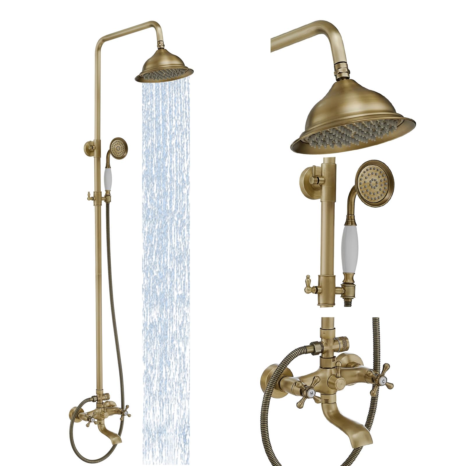 Photo 1 of Bathfinesse Outdoor Shower Faucet Antique Brass, Bathroom Shower System Set with 3 Shower Function, Exposed Pipe Shower System, Wall Mount