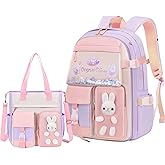 LANSHIYA Bunny Backpack for Girls Cute Kids Bookbag for Elementary School Kawaii Preschool Outdoor Daypack 2Pcs Purple