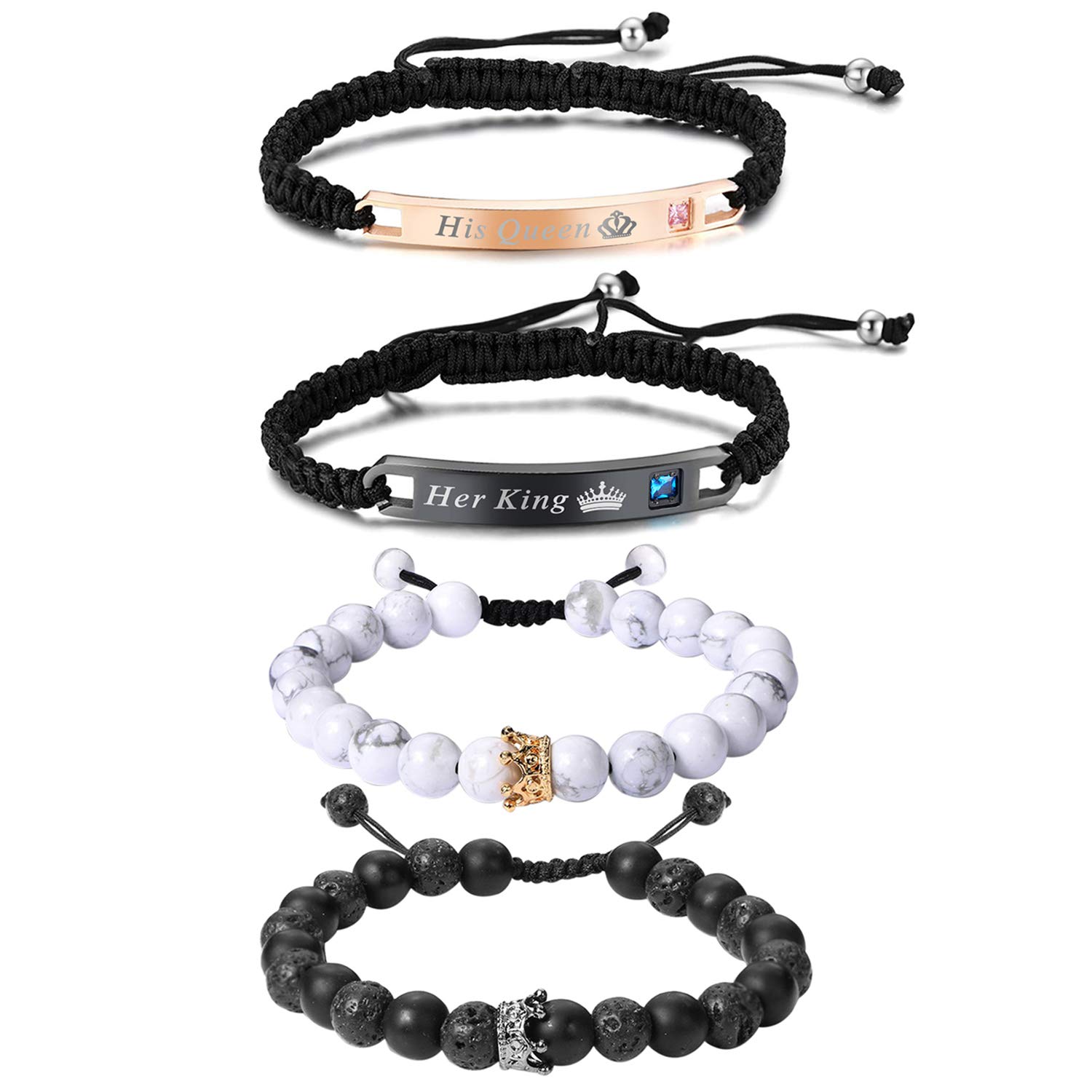 Cupimatch 2 Pairs Couple Matching Matte Agate Beads Bracelets Set, Stainless Steel Adjustable His and Hers Braided Rope Bracelets Her King His Queen CZ Promise Relationship Bangle Jewelry