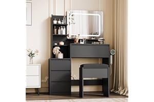 Vanity Desk with Mirror and 3-Color Adjustable LED Lights: 36-Inch Dressing Table Featuring Power Outlet, USB Ports, 4 Drawer