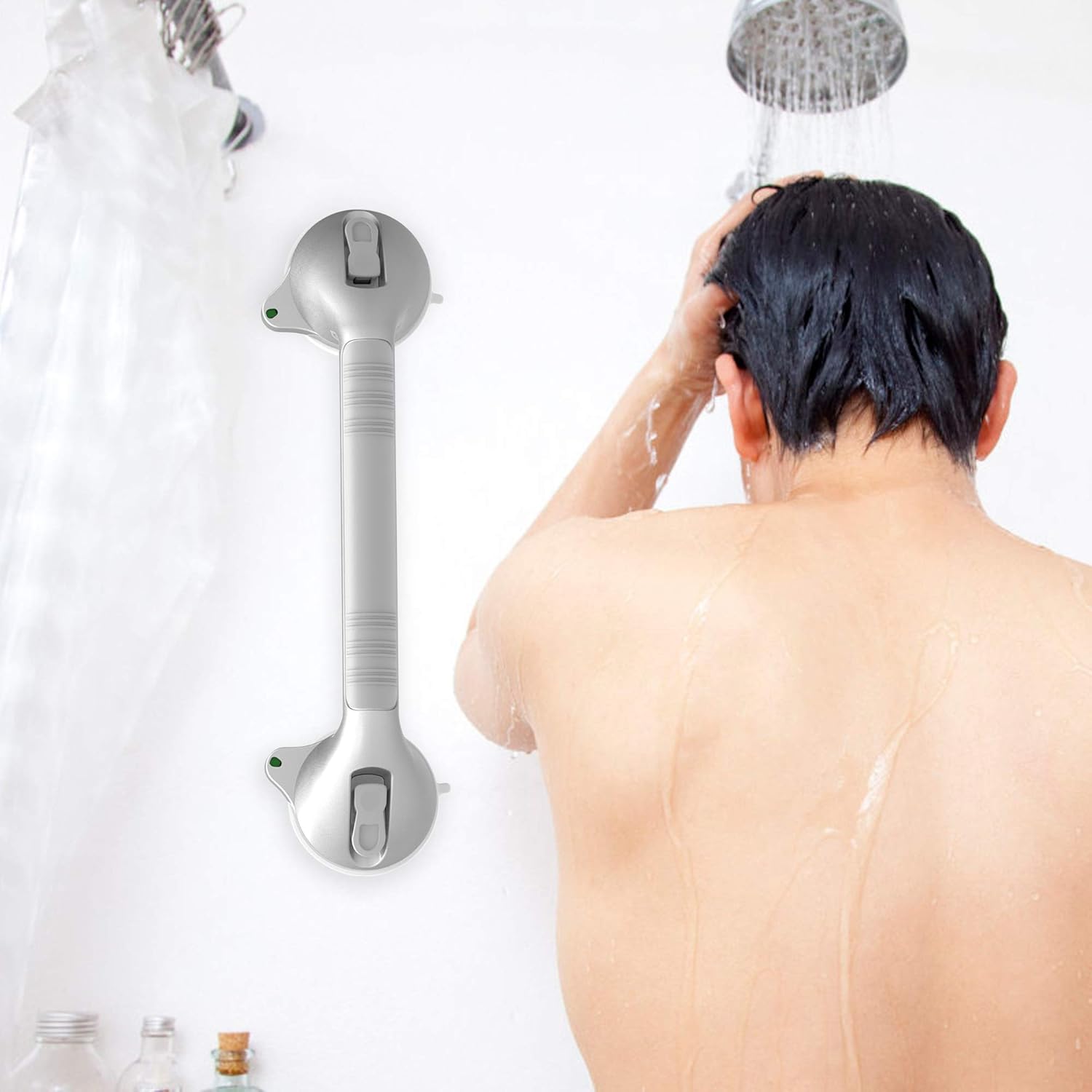 AmeriLuck Suction Bath Grab Bar 16.5" with Indicators, Bathroom Shower Handle (Silver, 2 Pack): Home & Kitchen