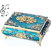 ELLDOO Vintage Music Box, Blue Metal Musical Jewelry Box Keepsake Box, Small Trinket Jewelry Storage Box Gift for Girl Women (Tune: You are My Sunshine)