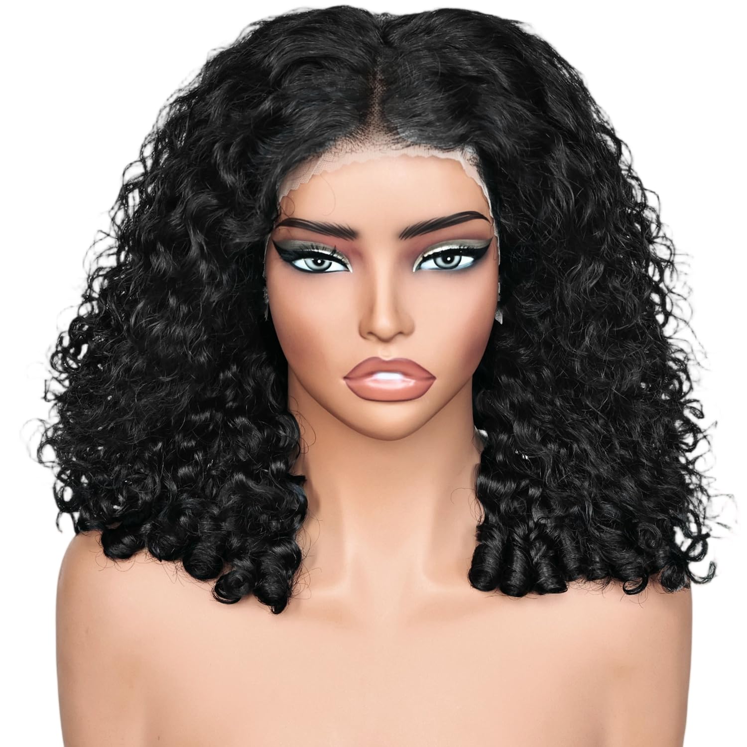 Photo 1 of UREMY Bouncy Curly Wig Human Hair with Spiral End, 13x4 Lace Frontal Burmese Curly Bob Wigs, Water Wave Brazilian Pre Plucked Wigs for Black Women Natural Color 16 Inch