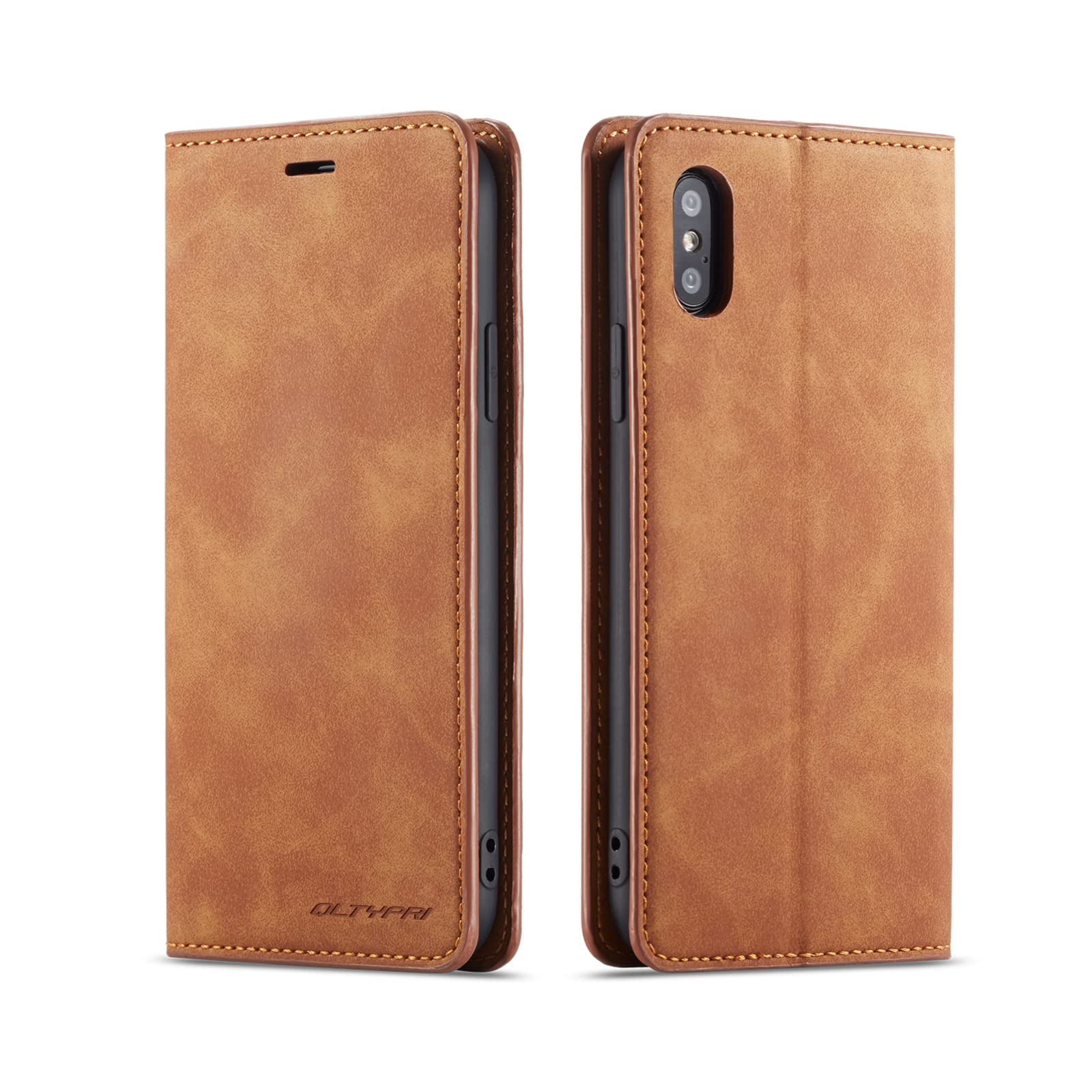 QLTYPRI Case for iPhone X iPhone XS, Premium PU Leather Cover TPU Bumper with Card Holder Kickstand Hidden Magnetic Adsorption Flip Wallet Case Cover for iPhone X iPhone XS - Brown