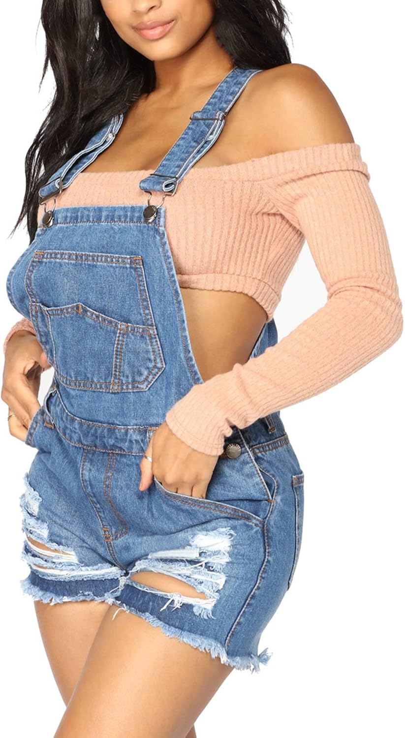 LookbookStore Womens Ripped Denim Bib Overall Shorts Raw Hem Shortall Jeans