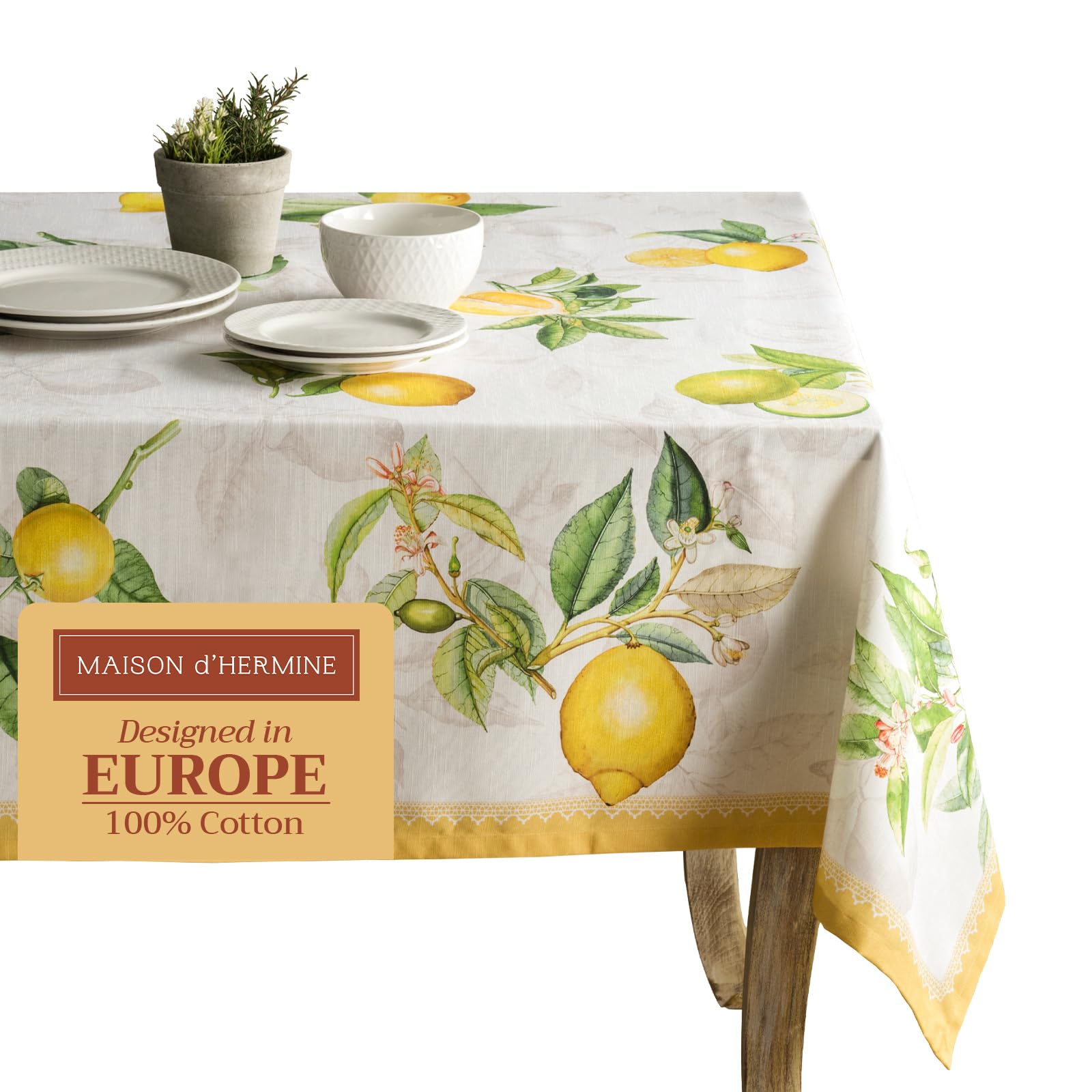 Maison d' Hermine Table Cloth Rectangle Table 100% Cotton 230 cm x 140 cm Tablecloth Reusable Everyday Use for Dining Farmhouse Home Party Festive Gifts for Mothers Day (Limoncello)
