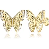 FOCALLIVE 14K Gold Earrings for Women Gold Studs Earrings for Women Stud Butterfly Earring for Womens Studs Cubic Zirconia Glamorous and Delightful Surprise Butterfly Stud Earring for Womens 13mm