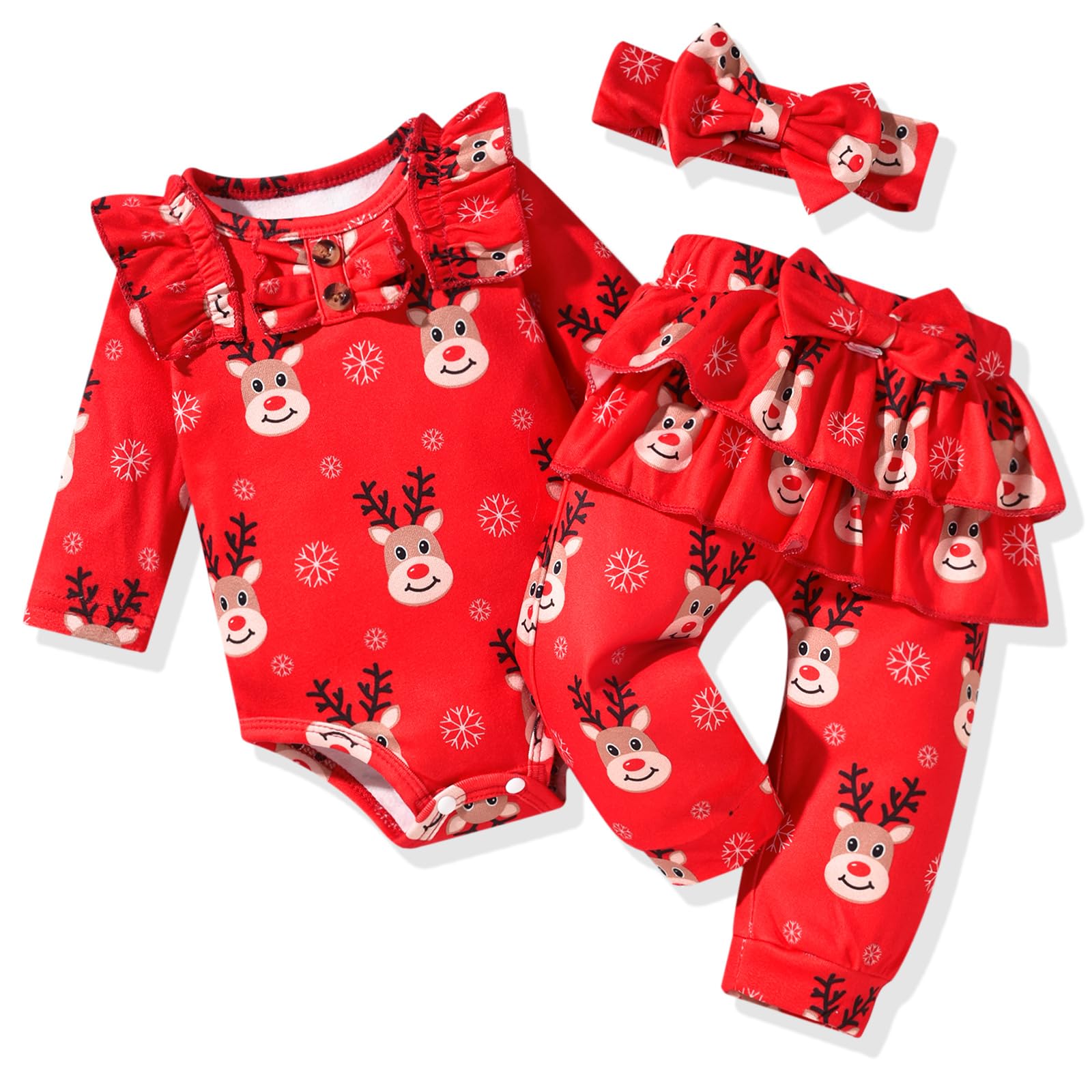 Photo 1 of Aalizzwell Preemie Newborn Infant Baby Girls Clothes Ribbed Bodysuit Pants Set Fall Winter Outfits (Christmas Dark Red, 0-3 Months)