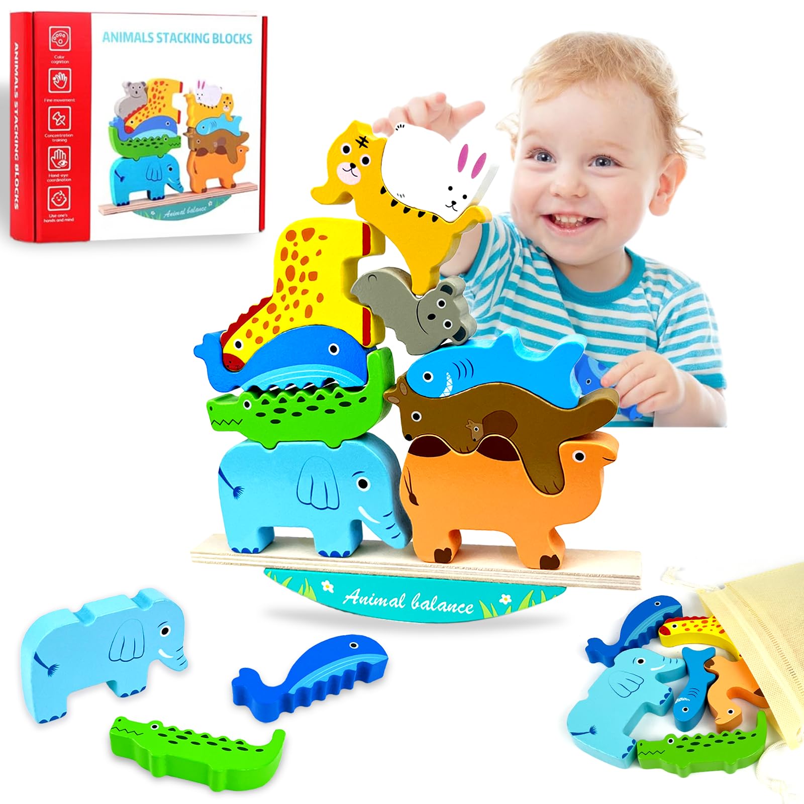 Tangdudu Toddler Building Blocks Wooden Animal Stacking Toys, Montessori Toys for 1 2 3 Year Old, Educational Toys Learning Fine Motor Skills, Gifts for 1 2 3 Year Old Girls Boys Toys Age 1 2 3