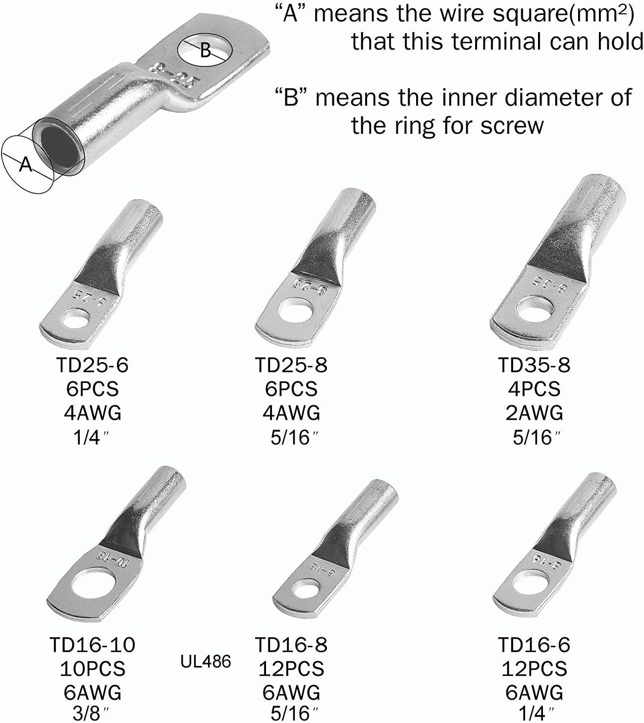AIRIC 30PCS 1210 Gauge 1/4 Stud DIN 46235 Cable Lugs Heavy Duty Tinned Copper Tubular Lugs Ring