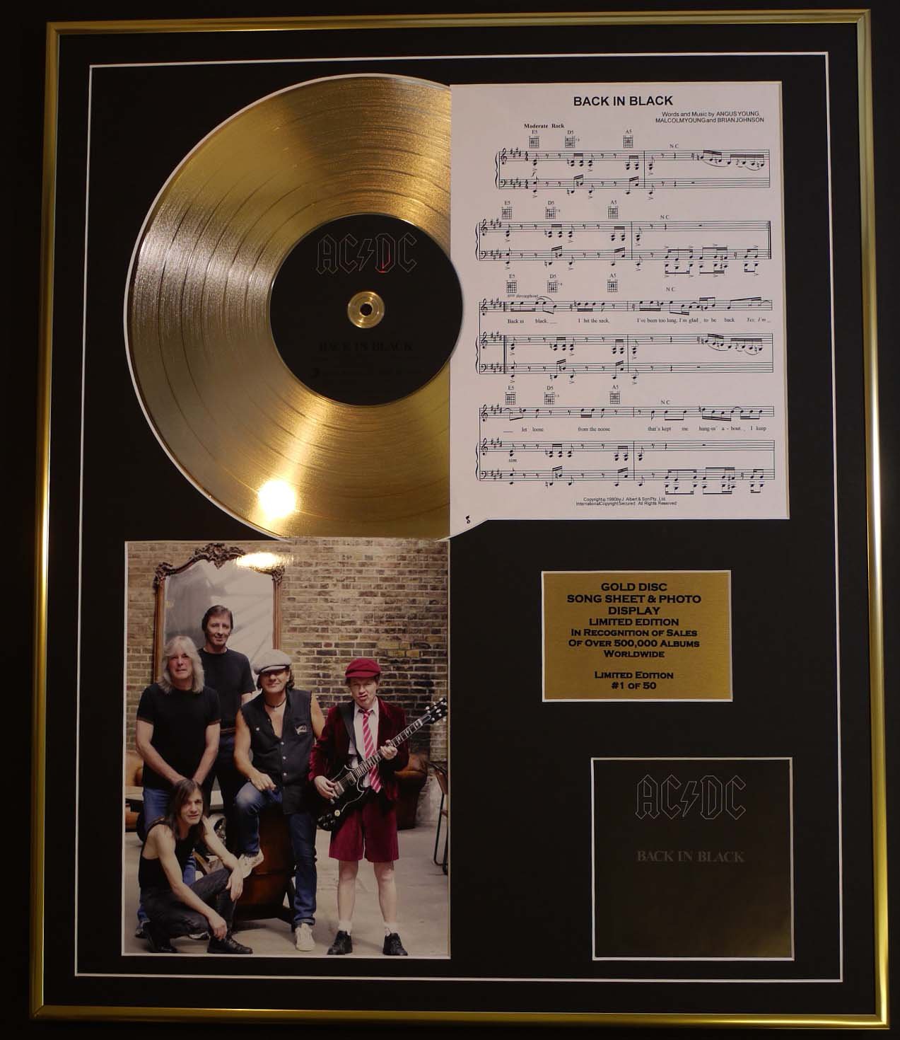 AC/DC/CD GOLD DISC, SONG SHEET & PHOTO DISPLAY/LTD. EDITION/COA/ALBUM BACK IN BLACK/SONG SHEET, BACK IN BLACK