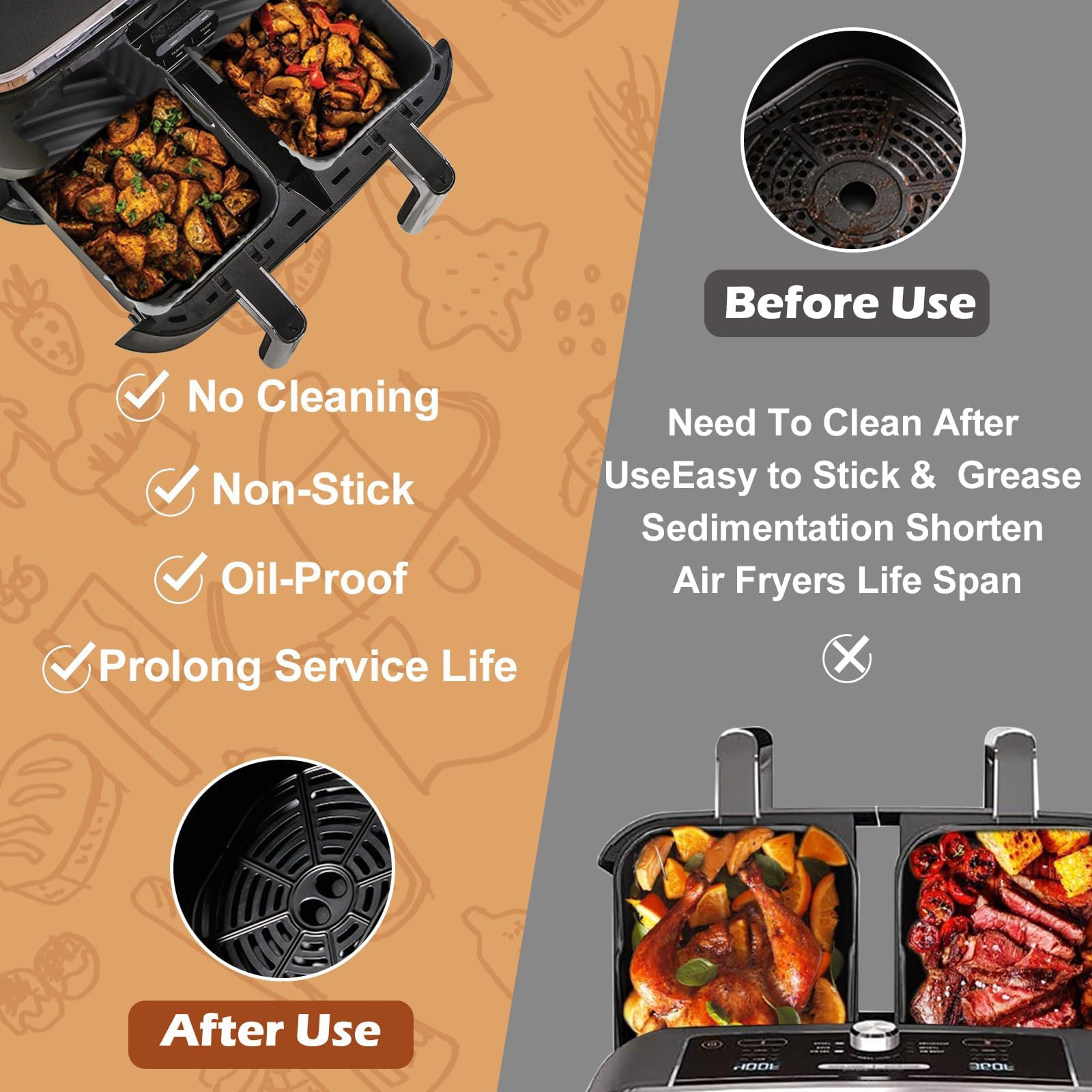 2PCS Non-Stick Silicone Air Fryer Liners for Ninja DZ201/DZ401 DZ550 8-10 QT, COSORI 2 Basket Air Fryer, Baking Tray, Air Fryer Accessories