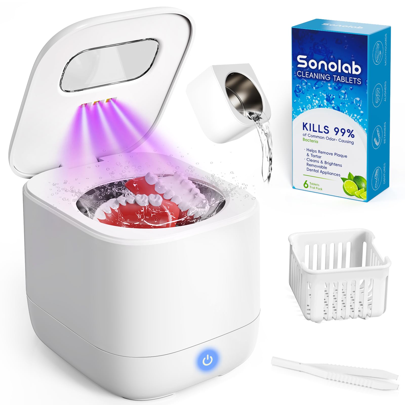 Photo 1 of Sonolab Ultrasonic Retainer Cleaner Machine with Removable Tank and Cleaning Tablets, 45kHz Sonic Dental Cleaning Pod, 240ml Large Capacity Ultrasonic UV Cleaner for Dentures, Aligners, Mouth Guards