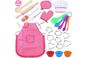 3 otters 27pcs Kids Chef Set, Kids Baking Sets with Apron Chef Hat Chef Costume Dress Up Chef Outfit for 2 3 4 5 6 7 8 Year Old Girls Stocking Stuffers