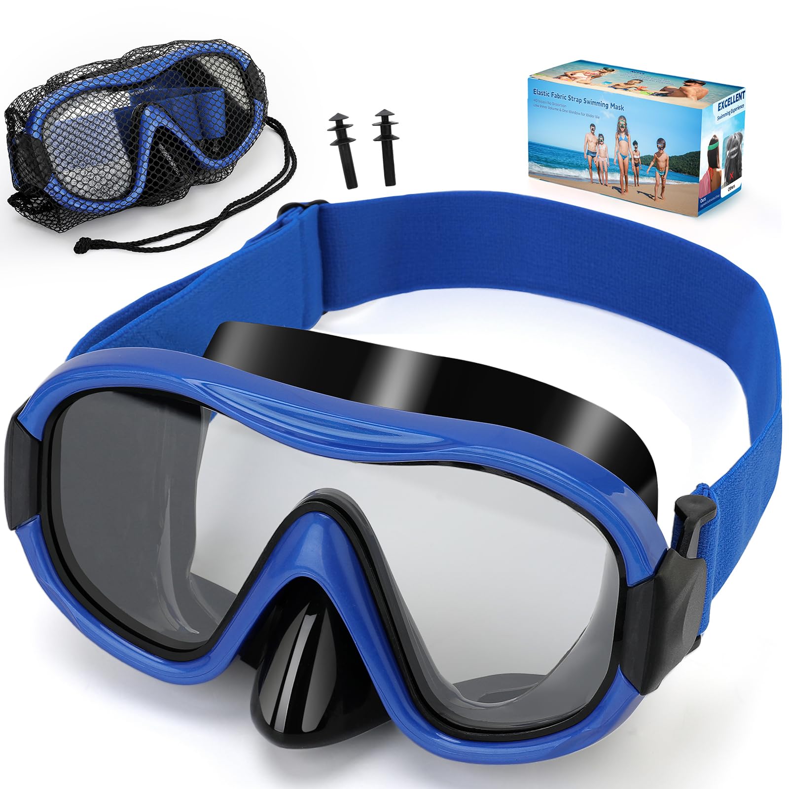 Tauchmaske, professionelle Anti-Beschlag-Schnorchelbrille, auslaufsichere Schwimmmaske mit weichem, verstellbarem Riemen und Netztasche, Ohrstöpsel