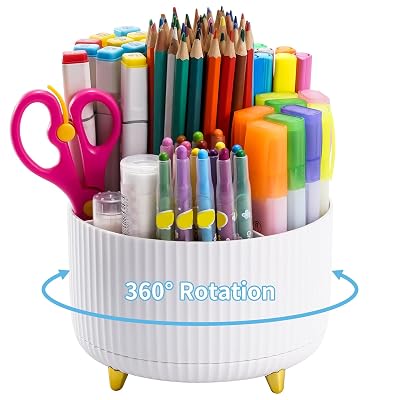 Marbrasse Desk Organizer, 360-Degree Rotating Pen Holder, Desk Organizers and Accessories with 5 Compartments Pencil Holder, Art Supply Storage Box Caddy for Office, Home(White)