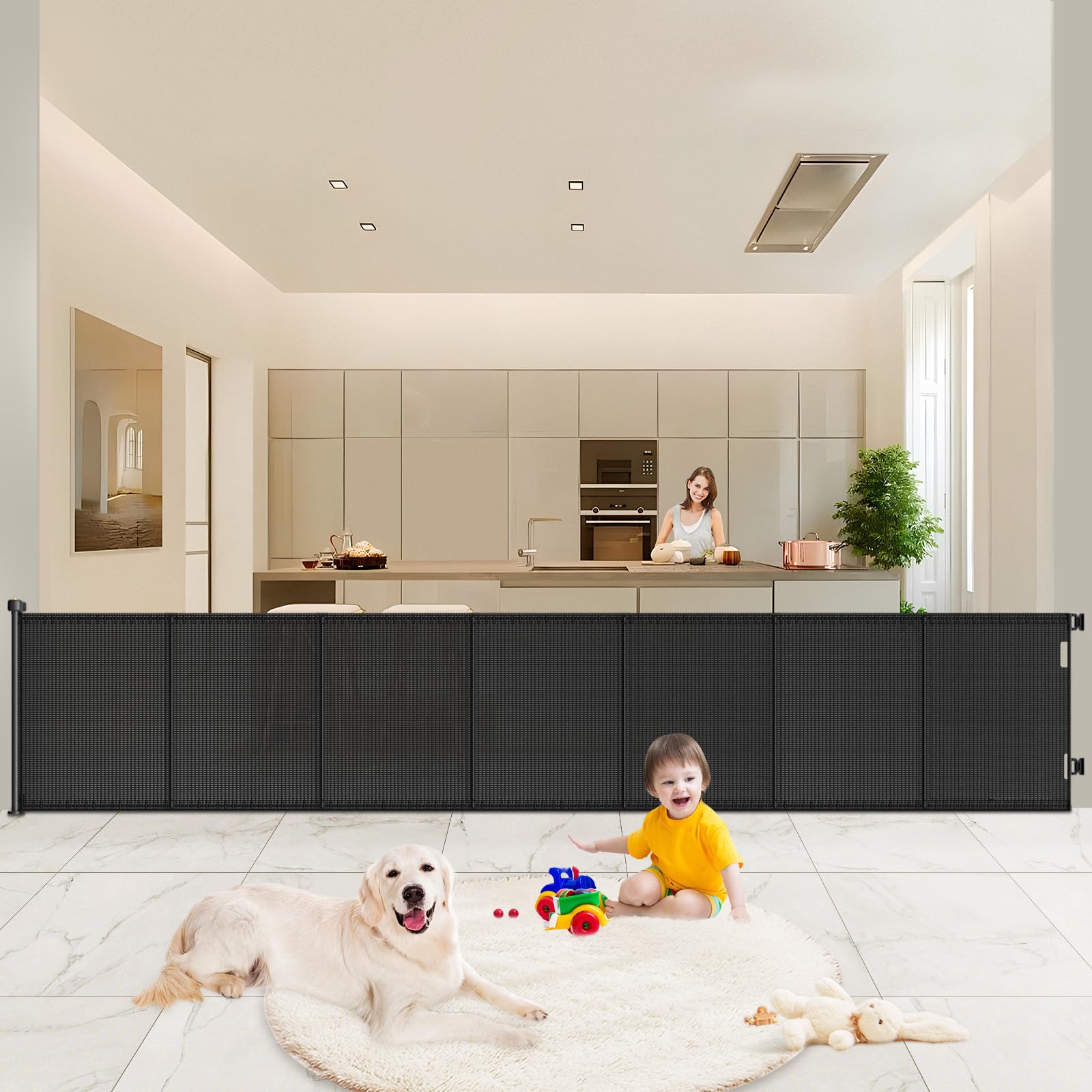 Photo 1 of (partial set) Pawtners Retractable Baby Gates Extra Wide, 41" Tall Extends up to 120" Wide, Dog Gate Indoor for Stairs, Pet Gate with Support Rods for Doorways Hallways Indoor & Outdoor-Black
