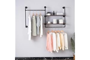 EDCB Industrial Pipe Wall-Mounted Clothing Rack with 2 Wood Shelves - Heavy Duty Double Rod Metal Garment Organizer for Bedroom/Retail Stores, Black (30H×12.5D×59W inch)