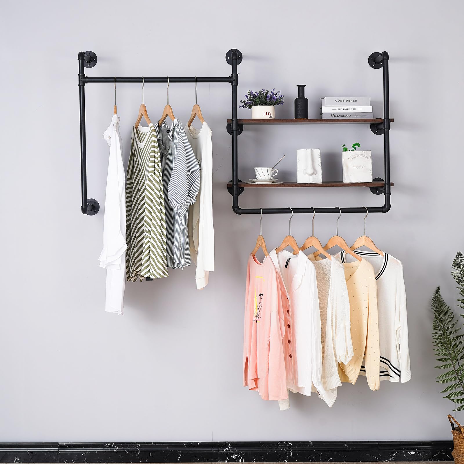 Photo 1 of EDCB Industrial Pipe Wall-Mounted Clothing Rack with 2 Wood Shelves - Heavy Duty Double Rod Metal Garment Organizer for Bedroom/Retail Stores, Black (30H×12.5D×59W inch)