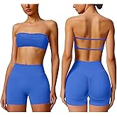 ABOCIW Workout Sets for Women Backless Bandeau Sports Bra Seamless Scunch Butt Lifting High Waist Biker Shorts Gym Set