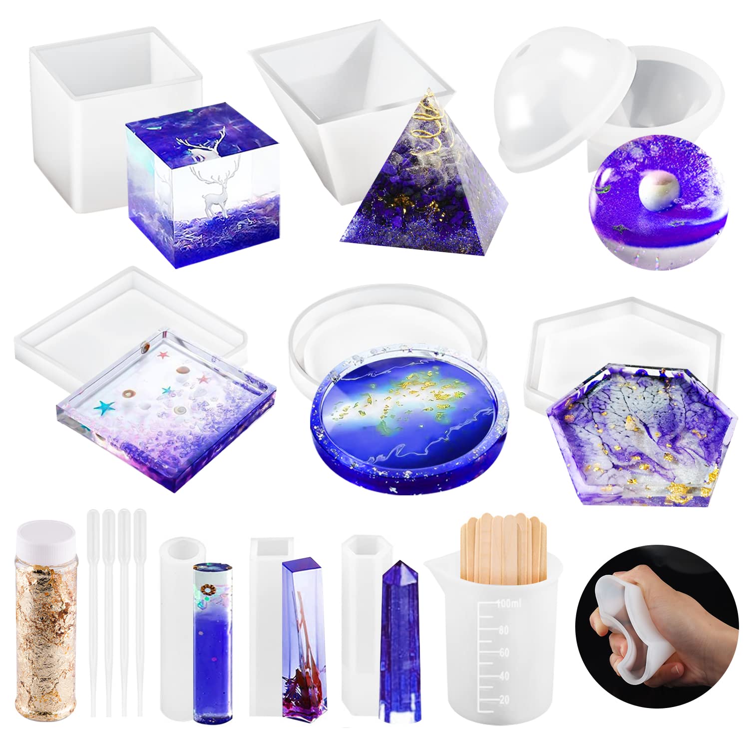 OSELEE Resin Moulds Silicone, 21Pcs DIY Epoxy Resin Moulds Kit, Resin Kits for Beginners Making Jewelry/Candle/Soap, Include Coaster, Cube, Pyramid, Spherical, Pendant Mold, etc — image 1