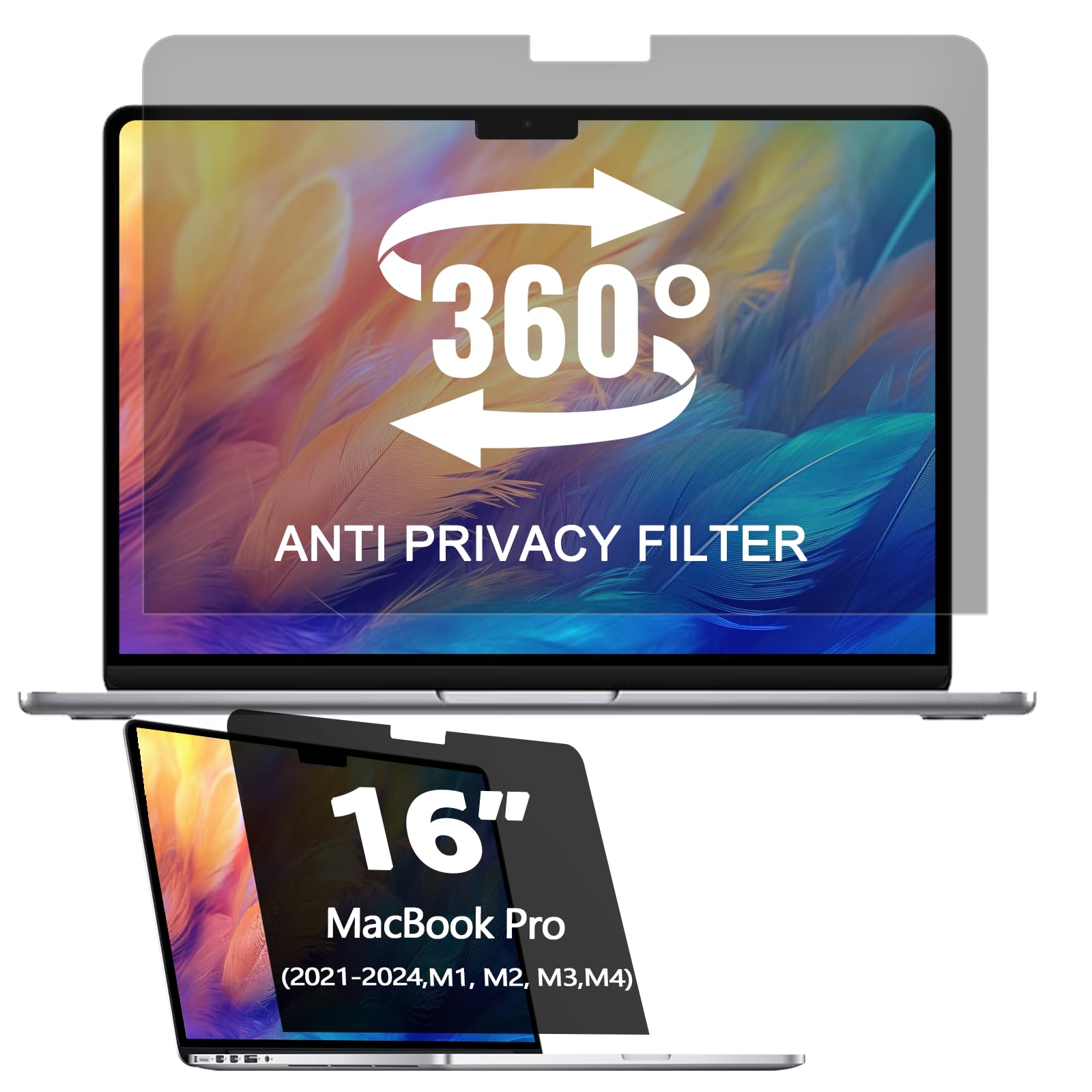 Photo 1 of 360° Privacy Screen Protector for MacBook Pro 16 Inch (2021-2024, M1, M2, M3, M4, Pro, Max), Privacy Screen Filter for MacBook Pro 16 Inch Anti-Spy/Anti Fingerprint/Anti Blue Light/Anti Glare