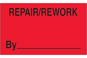Discount Tag & Label 'Repair/Rework by' Labels/Stickers, 3' x 5', Fluorescent Red, 500 Labels Per Roll (1 Roll)