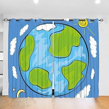 Cortina Opacas con Ojales,Dibujo Infantil del Planeta Tierra rodeado de