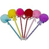 Maydahui 12 PCS Pom Pom Ballpoint Pen Cute Kawaii Fluffy Ball Pens Bowknot Polka Dot Blue Gel Ink for School Girls Valentine's Day