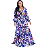 BOGURST Plus Size Maxi Dress for Women Chiffon Deep V-Neck Printed Loose Summer Beach Dresses