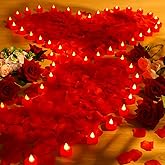 Coume 6000 Pieces Artificial Rose Petal 72 Pieces LED Tealights Candle, Romantic Decorations Special Night Rose Petal Heart Candle for Valentines Wedding Anniversary Proposal Decor(Red Light)