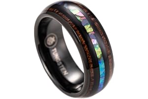 Aloha Jewelry Company 8mm Tungsten Carbide Hawaiian Koa Wood Tree and Abalone Shell Inlay Mauka to Makai Comfort Fit Ring Engagement Wedding Band Dome Style Weighted High Polished with Gift Box