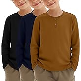 LessonZoo 3 Pack Boys Long Sleeve Shirts Crew Neck Casual Tops Decorative Buttons Kids Toddler Soft Pullover Tees 3-12 Years