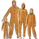 AUJUBUY Kids Toddler Adult Matching Gingerbread Man Costume Long Sleeve Hooded Jumpsuit for Christmas Cosplay Dress Up Party