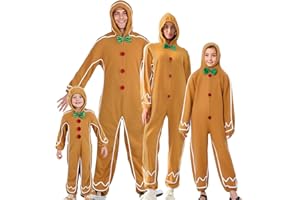 AUJUBUY Kids Toddler Adult Matching Gingerbread Man Costume Long Sleeve Hooded Jumpsuit for Christmas Cosplay Dress Up Party