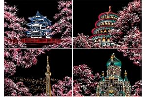 Scratch Painting Rainbow Paper by BOTEEN, Scratch &Sketch DIY Art Craft City Series Night View Creative Gift, Scratchboard for Adults and Kids ,Craft Kits with 4 Tools (A4- 4pack）