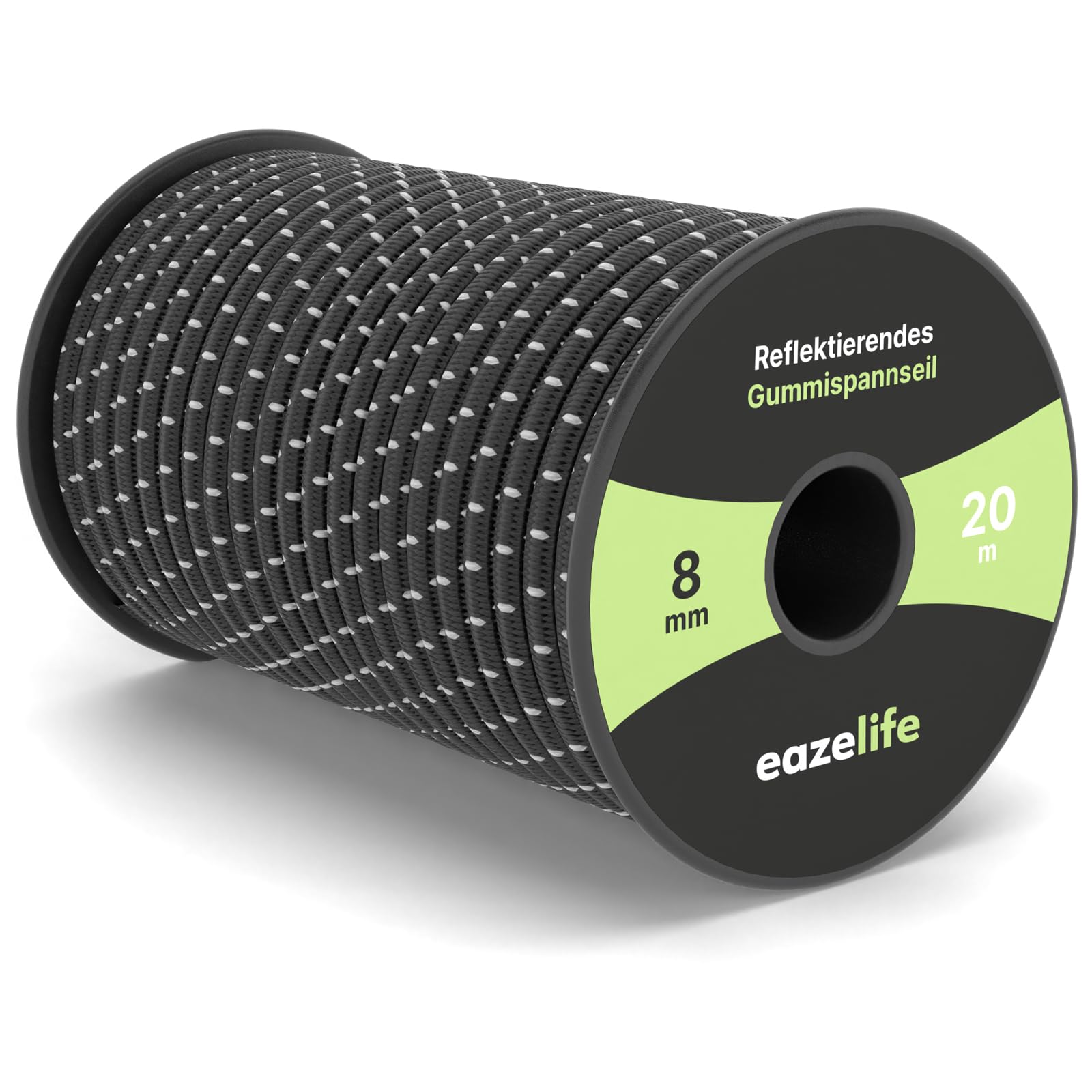 Rubber Cord on Reel - Reflective, Weatherproof, Cut to Size, Highly Elastic, Resilient, Versatile Expander Rope for Trailers, Sailing, Fishing & Outdoor (Black, 8 mm x 20 m)