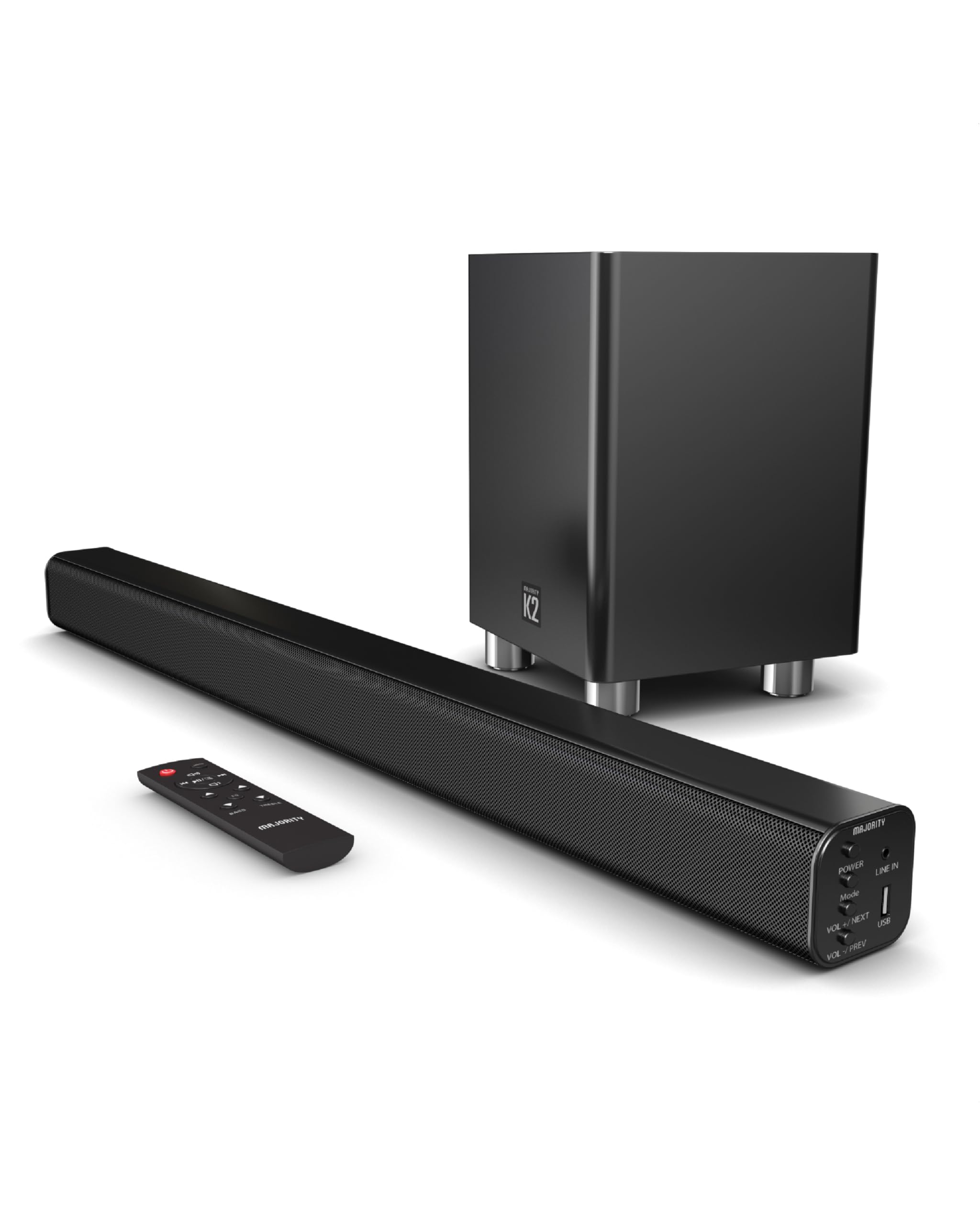 MAJORITY Home Cinema Soundbar for TV with Subwoofer I 3D Theater Surround Sound System with 150W and 2.1 Channel Speakers I Bluetooth, AUX, Optical, and USB with Auto Power Off Function I K2 Black