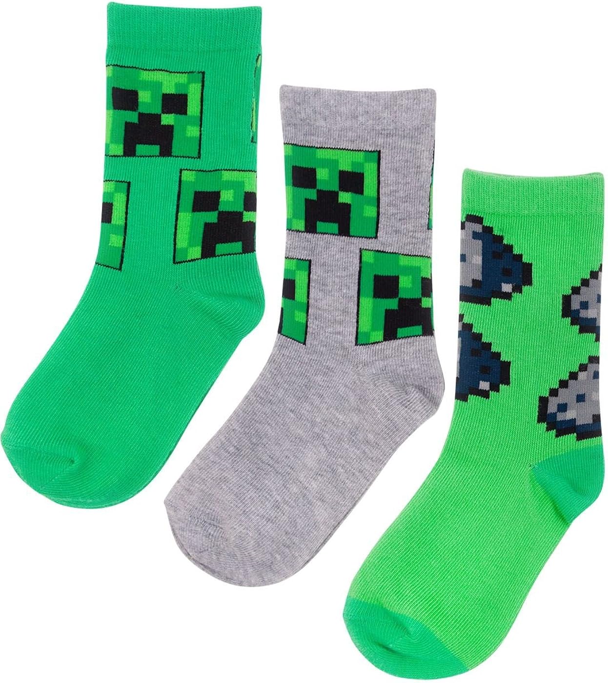 Minecraft Assorted Creeper Design 3 Pack Boy's Socks in Green and Grey