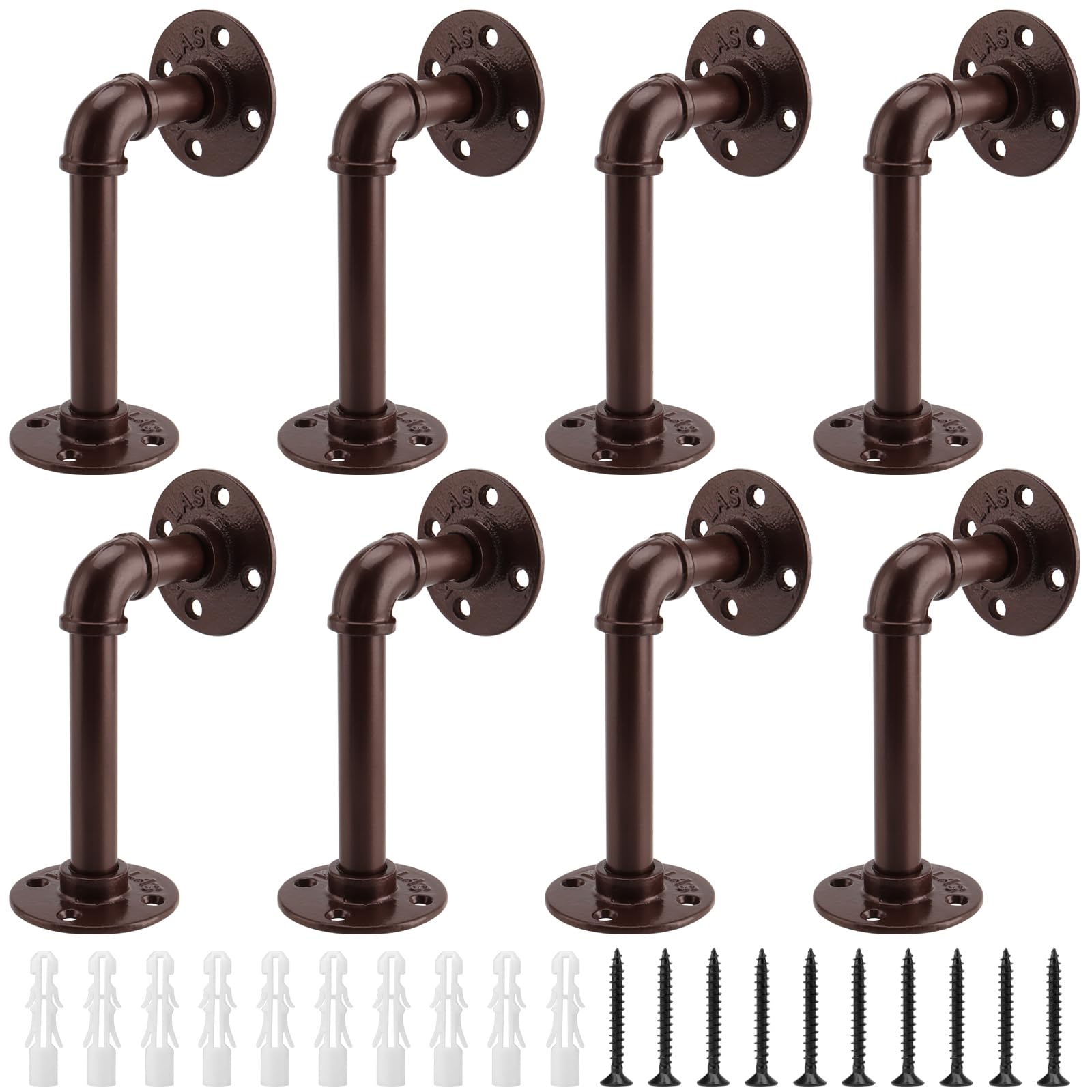 KOHAND 8 Pack Industrial Pipe Shelving Brackets with Screws and Hard Wall Anchors, Brown Pipe Brackets for Shelves, Scaffold Board, Home Decoration