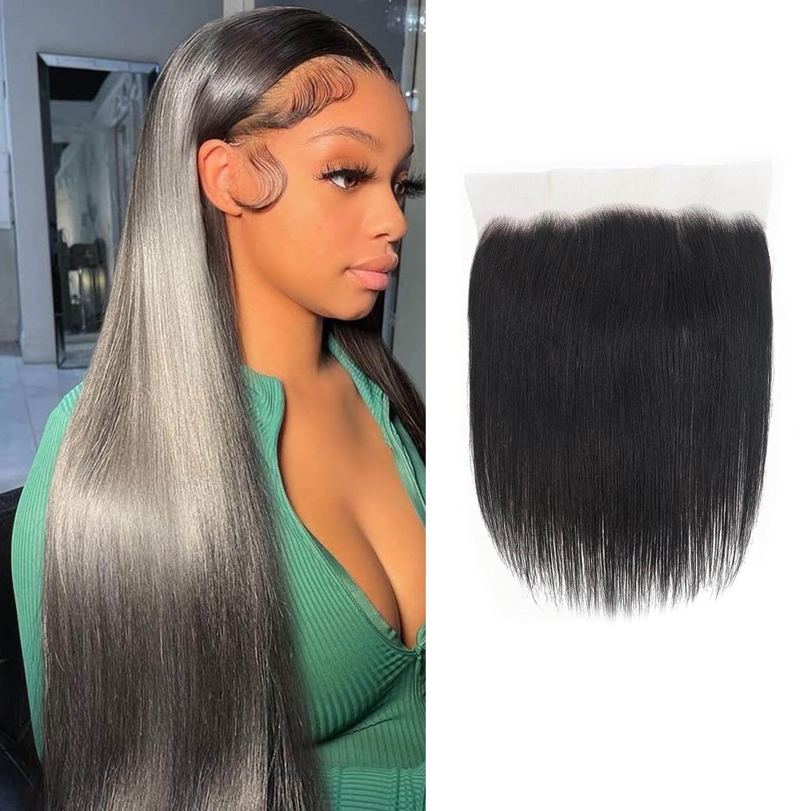 13x6 Transparent Lace Frontal 16 Inch 12A Brazilian Straight Frontal Closure Human Hair 100% Unprocessed Virgin Ear to Ear Pre Plucked with Baby Hair 150% Density Natural Black