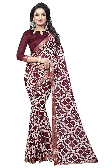 Rajeshwar Fashion With Rf Womens Georgette Printed Sarees Jequard Lace Work Saree With Blouse Piece (A16 MAROON CHECKS Multicolored_Free Size 6.30 Mtr)
