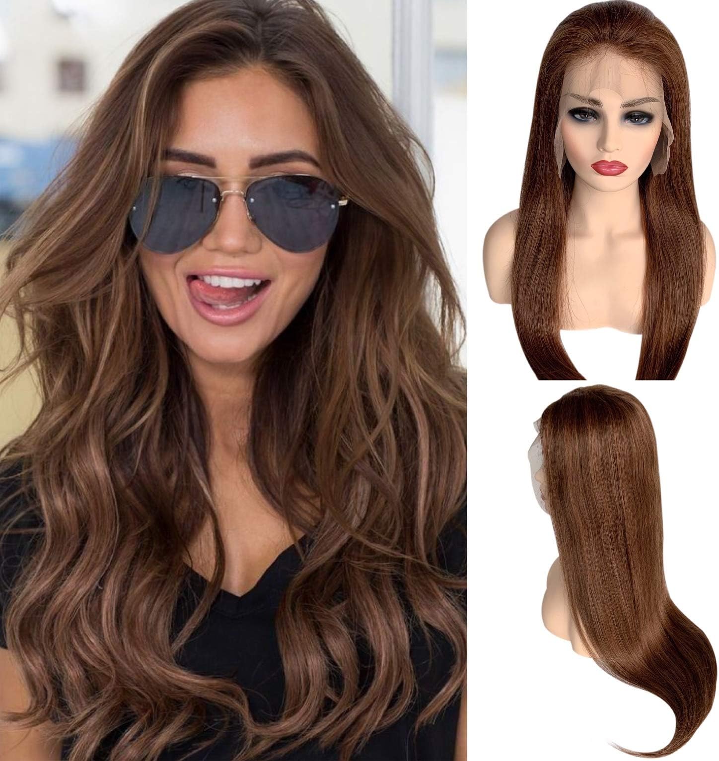 Wigs for White Women Lace Front Human Hair Wig Ombre Medium Brown Mixed Dark Auburn Bleached Knots 13x6 Pre Plucked Glueless Wig Straight Hair Layered 150% Density Soft and Thick 14inch #4/4/30